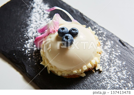 Elegant white chocolate mousse dome dessert topped with fresh blueberries and a floral petal Elegant white chocolate mousse dome dessert topped with fresh blueberries and a floral petal 137413478