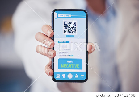 Closeup, hand and phone screen for health results with a barcode for monkeypox safety. Healthcare, digital and a doctor with a mobile for a qr code for healthcare progress or show information 137413479