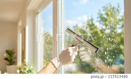 Hand using squeegee to clean window glass in bright room. Natural light filters through the window. Concept of cleaning services, home improvement, window care. Hand using squeegee to clean window glass in bright room. Natural light filters through the window. Concept of cleaning services, home improvement, window care. 137413480