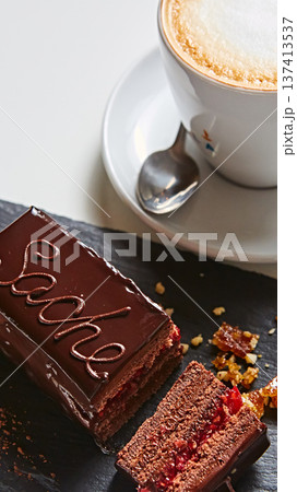 Vibrant sliced Sachertorte cake with rich chocolate ganache and apricot layers 137413537