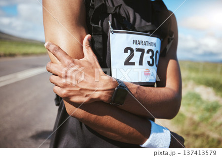 Arm injury, marathon runner and person massage bruise problem, muscle ache or sore anatomy risk from exercise challenge. Joint pain, closeup and athlete hurt from running accident, training or cardio 137413579