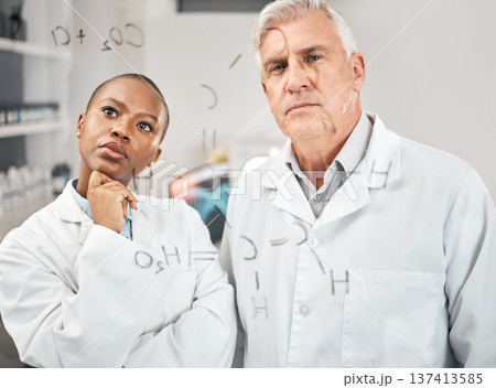 Science, solution and thinking with people in laboratory for research, teamwork and brainstorming. Chemistry, medical and pharmacy with man and woman for physics data, medicine and biotechnology 137413585