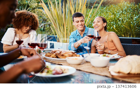 Happy, friends and cheers with wine glass at restaurant, bonding and having fun. Smile, alcohol and group of people toast at dinner party, celebration and drink, eating food and together at table Happy, friends and cheers with wine glass at restaurant, bonding and having fun. Smile, alcohol and group of people toast at dinner party, celebration and drink, eating food and together at table 137413606