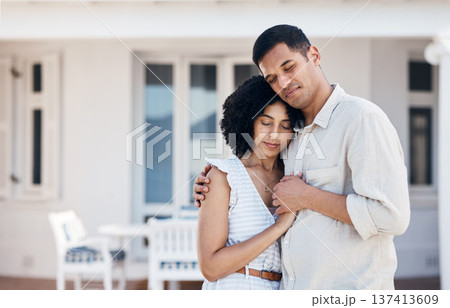 Love, man and woman hug outdoor at dream house, happiness and support in marriage for property investment real estate owner. Couple, people and holding hands outside home for care and trust Love, man and woman hug outdoor at dream house, happiness and support in marriage for property investment real estate owner. Couple, people and holding hands outside home for care and trust 137413609