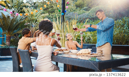 Cheers, celebrate, and friends at dinner in garden at party and diversity, food and wine at outdoor event. Glass toast, men and women at table, fun people with sunset drinks in backyard together. Cheers, celebrate, and friends at dinner in garden at party and diversity, food and wine at outdoor event. Glass toast, men and women at table, fun people with sunset drinks in backyard together. 137413622