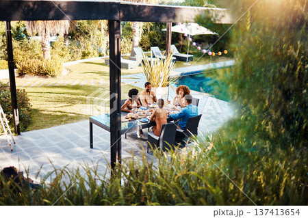 Hotel, friends or eating in outdoor restaurant to relax on holiday celebration or vacation in summer together. Party event, top or happy people speaking to bond at table for lunch food or brunch meal 137413654