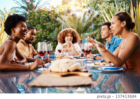 Happy people at table, lunch in garden and conversation bbq event with diversity, food and wine. Outdoor dinner party, men and women together, friends eating with talking in backyard in summer. Happy people at table, lunch in garden and conversation bbq event with diversity, food and wine. Outdoor dinner party, men and women together, friends eating with talking in backyard in summer. 137413684