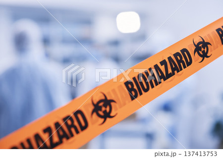 Lab safety, science and tape for a biohazard, hospital security or medical emergency. Caution, room and people in a building with an orange warning sign for danger, barrier or cleaning in a clinic 137413753