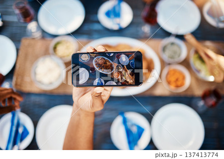 Phone photography, food and friends at a restaurant to relax on holiday vacation in summer together. Hands, social media post or influencer taking pictures or eating at table for lunch or brunch meal Phone photography, food and friends at a restaurant to relax on holiday vacation in summer together. Hands, social media post or influencer taking pictures or eating at table for lunch or brunch meal 137413774