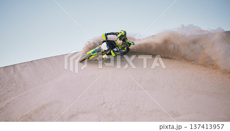 Bike, sand and space with a sports man riding a vehicle in the desert for adventure or adrenaline. Motorcycle, training and dust with an athlete on mockup in nature for power or active competition Bike, sand and space with a sports man riding a vehicle in the desert for adventure or adrenaline. Motorcycle, training and dust with an athlete on mockup in nature for power or active competition 137413957