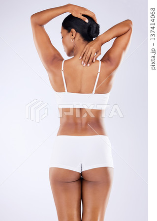 Self care, underwear and back of woman in a studio with wellness, health and weightloss routine. Fitness, body and full length of female model with cosmetic liposuction for beauty by white background 137414068
