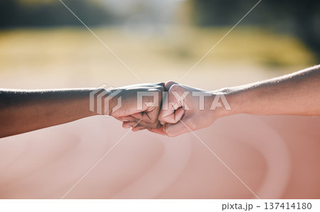 Closeup, fitness and fist bump for sports support, motivation and goal in training. Stadium, together and people with a gesture or hands for workout or exercise solidarity for a race or competition 137414180
