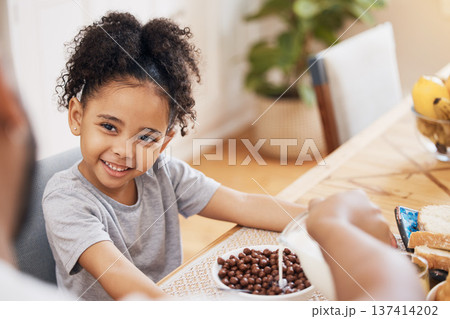 Kitchen, breakfast cereal and happy family child smile for morning food, meal and parent pour milk. Home, happiness and young kid, youth girl and ready for nutrition, hungry and eating in Brazil Kitchen, breakfast cereal and happy family child smile for morning food, meal and parent pour milk. Home, happiness and young kid, youth girl and ready for nutrition, hungry and eating in Brazil 137414202