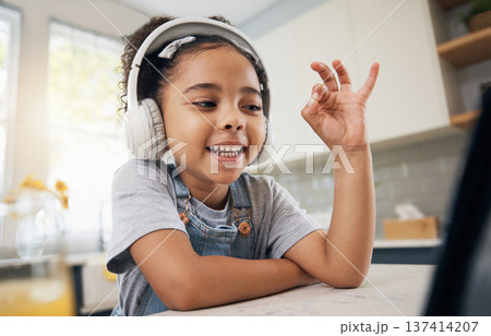 Home video call, tablet and child smile for online class communication, elearning and talking in kindergarten webinar. Remote education, happy and kid watch, listen and streaming music, film or movie 137414207