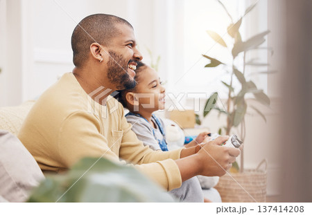 Controller, video game and father with girl on sofa for playing, bond and fun gaming at home together. Love, smile and happy parent with child in living room for esports, console or learning in house Controller, video game and father with girl on sofa for playing, bond and fun gaming at home together. Love, smile and happy parent with child in living room for esports, console or learning in house 137414208