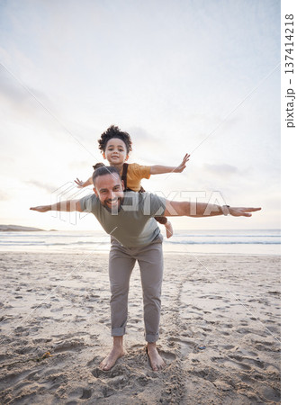 Beach, airplane and portrait of father with girl child in nature playing, games or bond on vacation together. Flying, smile and kid with parent at the sea for travel, piggyback and fun on sunset trip Beach, airplane and portrait of father with girl child in nature playing, games or bond on vacation together. Flying, smile and kid with parent at the sea for travel, piggyback and fun on sunset trip 137414218
