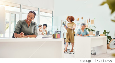 Fashion designer, black woman or drawing sketch for clothes ideas, plan or draft in small business office. Paperwork, notes or African employee writing project info or schedule in notebook in agency Fashion designer, black woman or drawing sketch for clothes ideas, plan or draft in small business office. Paperwork, notes or African employee writing project info or schedule in notebook in agency 137414299