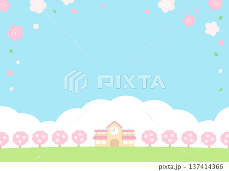 桜と学校のイラスト、卒業や入学や新生活の背景素材 137414366