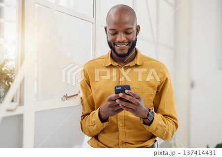 Business, happy black man and typing with phone in office for social network, mobile website and internet contact. Employee scroll on smartphone chat, reading news app and notification of information Business, happy black man and typing with phone in office for social network, mobile website and internet contact. Employee scroll on smartphone chat, reading news app and notification of information 137414431