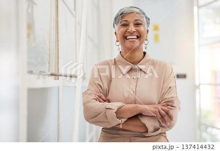 Smile, arms crossed and portrait of business woman in office for entrepreneur, professional or manager. Designer, pride and happy with person in creative agency for future, opportunity or empowerment 137414432