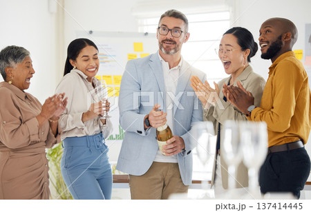 Surprise, champagne and party with business people in office for winner, celebration and support. Teamwork, target and friends with group of employees for community, achievement and congratulations 137414445
