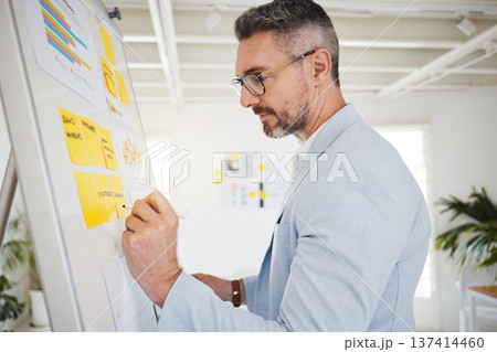 Whiteboard, sticky notes and businessman planning in office brainstorming for a corporate project. Professional, analysis and mature male lawyer writing ideas or information for strategy in workplace Whiteboard, sticky notes and businessman planning in office brainstorming for a corporate project. Professional, analysis and mature male lawyer writing ideas or information for strategy in workplace 137414460