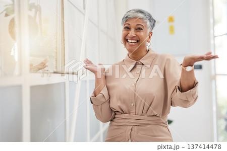 Excited, portrait and a mature woman at work say hello with confidence in professional career. Happy, business and manager or company ceo with a gesture for office management or working at an agency 137414478