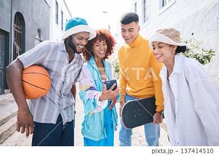 Gen z group, phone and city with laugh, meme and streaming on social network, blog and happy in street. Student friends, men and women with smartphone, comic video or post on web in Los Angeles metro 137414510