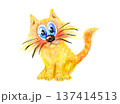 Playful fantasy cat creature with oversized whiskers and bright blue eyes on transparent background illustration for joyful children themes 137414513