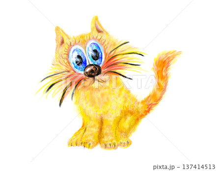 Playful fantasy cat creature with oversized whiskers and bright blue eyes on transparent background illustration for joyful children themes 137414513