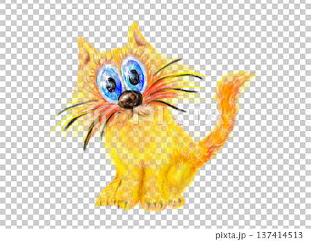 Playful fantasy cat creature with oversized whiskers and bright blue eyes on transparent background illustration for joyful children themes 137414513