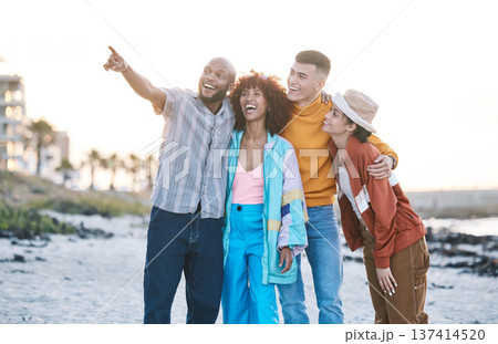 Beach, friends and people with view, gen z and fashion with smile, pointing and travel with hug outdoor. Happy in nature, ocean and urban streetwear style, adventure and friendship with students Beach, friends and people with view, gen z and fashion with smile, pointing and travel with hug outdoor. Happy in nature, ocean and urban streetwear style, adventure and friendship with students 137414520