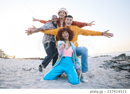 Friends, beach and portrait of excited people outdoor for travel motivation or fun on sand. Diversity, happiness and gen z group of men and women pointing for adventure, holiday and freedom in nature Friends, beach and portrait of excited people outdoor for travel motivation or fun on sand. Diversity, happiness and gen z group of men and women pointing for adventure, holiday and freedom in nature 137414521