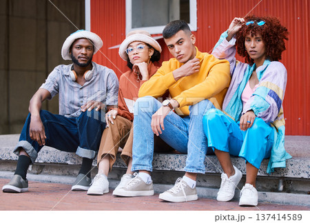 People, city and portrait of friends outdoor for travel, fashion and serious attitude. Diversity, gen z and student group or men and woman relax for holiday, adventure and freedom on urban sidewalk People, city and portrait of friends outdoor for travel, fashion and serious attitude. Diversity, gen z and student group or men and woman relax for holiday, adventure and freedom on urban sidewalk 137414589