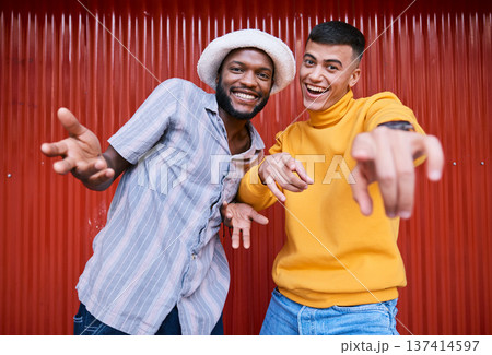 Men, gen z or portrait of friends outdoor on red background in streetwear with fashion or style together. Diversity, students or excited people with happiness, smile or freedom on holiday vacation Men, gen z or portrait of friends outdoor on red background in streetwear with fashion or style together. Diversity, students or excited people with happiness, smile or freedom on holiday vacation 137414597