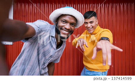 Selfie, friends and men in portrait, gen z and fashion with smile, casual and cool, social media post and memory. Happy in picture, content creation and streetwear style, influencer and friendship Selfie, friends and men in portrait, gen z and fashion with smile, casual and cool, social media post and memory. Happy in picture, content creation and streetwear style, influencer and friendship 137414599
