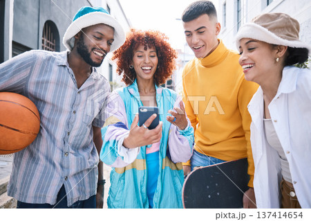 Gen z friends group, phone and city with meme, laugh and reaction to social media, blog and happy in street. Students, men and women with smartphone, comic video or post on web in Los Angeles metro 137414654