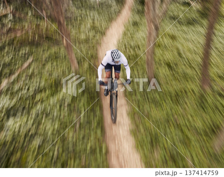 Speed, nature and cyclist on bicycle from above with helmet, exercise adventure trail and forrest fitness. Cycling, woods and man with mountain bike in trees for workout, motivation or fast energy. 137414759