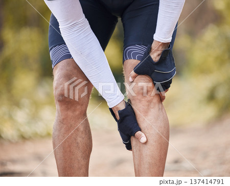 Fitness, knee pain and man hands in forest with cycling, sports or injury, muscle or joint accident outdoor. Leg, arthritis or athlete with fibromyalgia, emergency or cramps massage for osteoporosis Fitness, knee pain and man hands in forest with cycling, sports or injury, muscle or joint accident outdoor. Leg, arthritis or athlete with fibromyalgia, emergency or cramps massage for osteoporosis 137414791