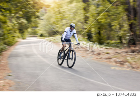 Nature road, mountain bike and sports man travel, ride and adventure on bicycle, triathlon challenge or journey. Cycling competition, motion blur and cyclist training, freedom and workout in France Nature road, mountain bike and sports man travel, ride and adventure on bicycle, triathlon challenge or journey. Cycling competition, motion blur and cyclist training, freedom and workout in France 137414832