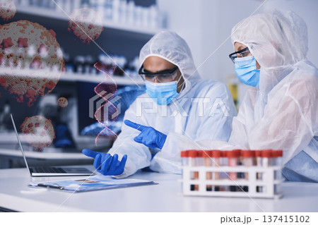 Laptop, hologram and blood sample with a science team in a laboratory for research or innovation. Computer, overlay and dna in a glass vial for lab test or study as a pathology scientist colleagues Laptop, hologram and blood sample with a science team in a laboratory for research or innovation. Computer, overlay and dna in a glass vial for lab test or study as a pathology scientist colleagues 137415102