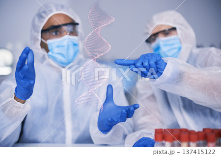 Science team, dna hologram and lab analysis for study, gloves or mask for safety, health and medical research. Virus biology, laboratory and 3D holographic overlay with point, covid and ppe at desk 137415122