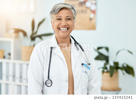 Portrait, doctor and mature woman in hospital, clinic and healthcare career. Happy face, medical professional and excited expert surgeon, physician smile and confident female therapist in India Portrait, doctor and mature woman in hospital, clinic and healthcare career. Happy face, medical professional and excited expert surgeon, physician smile and confident female therapist in India 137415241