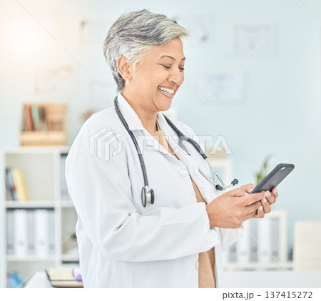 Happy, doctor and woman with phone reading communication, contact or social media post or medical meme. Medicine, mobile app and happy mature healthcare worker on internet, website of health blog Happy, doctor and woman with phone reading communication, contact or social media post or medical meme. Medicine, mobile app and happy mature healthcare worker on internet, website of health blog 137415272