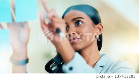 A smart female entrepreneur planning the strategy of her company in the office. Young confident and successful business woman leader thinking and working on a project at the workplace 137415293