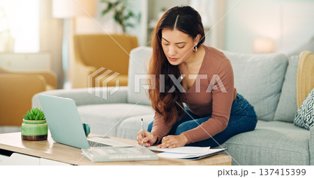 Entrepreneur, professional and startup worker on her laptop inside home office. Woman thinking, idea and planning digital marketing employee online. Remote, communication and email in house lounge. Entrepreneur, professional and startup worker on her laptop inside home office. Woman thinking, idea and planning digital marketing employee online. Remote, communication and email in house lounge. 137415399