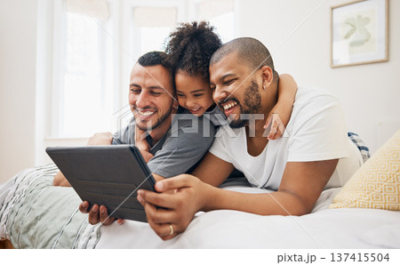 Child, gay family and tablet on bed at home for e learning, watch video and education on internet. Adoption, lgbt men or parents with happy kid and technology for streaming movies, games or funny app Child, gay family and tablet on bed at home for e learning, watch video and education on internet. Adoption, lgbt men or parents with happy kid and technology for streaming movies, games or funny app 137415504