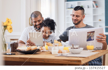 Gay couple, breakfast and happy family child with tablet, online story and reading ebook, watch video and relax with dad. App game, happiness and young youth kid bonding with homosexual papa at home Gay couple, breakfast and happy family child with tablet, online story and reading ebook, watch video and relax with dad. App game, happiness and young youth kid bonding with homosexual papa at home 137415527