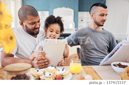 Gay family, tablet and child with breakfast at home for e learning, bonding and education on internet. Adoption, lgbt men or parents with a happy kid and technology in morning with food on a table 137415537