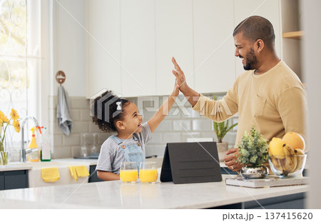 Dad, girl and high five for learning on tablet in home, kitchen and online, app or education games on tech in living room. Happy, black family or father with support in success, achievement or growth Dad, girl and high five for learning on tablet in home, kitchen and online, app or education games on tech in living room. Happy, black family or father with support in success, achievement or growth 137415620